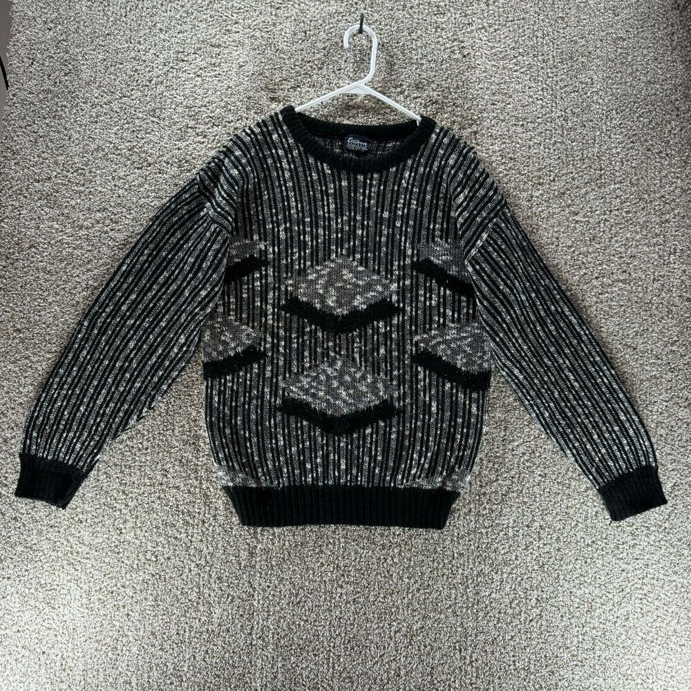 Vintage Edison Knitwear Sweater Mens Large Silver Black Pullover Made In USA VTG